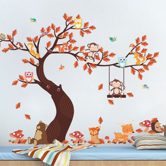 Sticker mural chambre enfants décoration dessin animé chouette singe feuille arbre - multicolor A 24 X 36 INCH