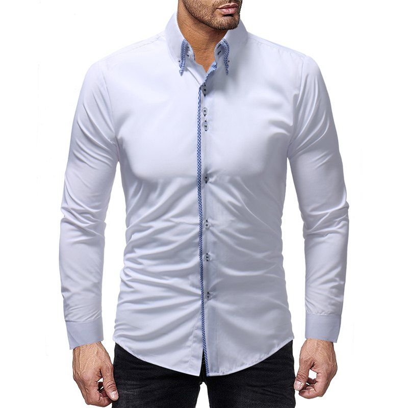 

Double-necked Men's Placket Wrapped Casual Slim Long-sleeved Shirt, White
