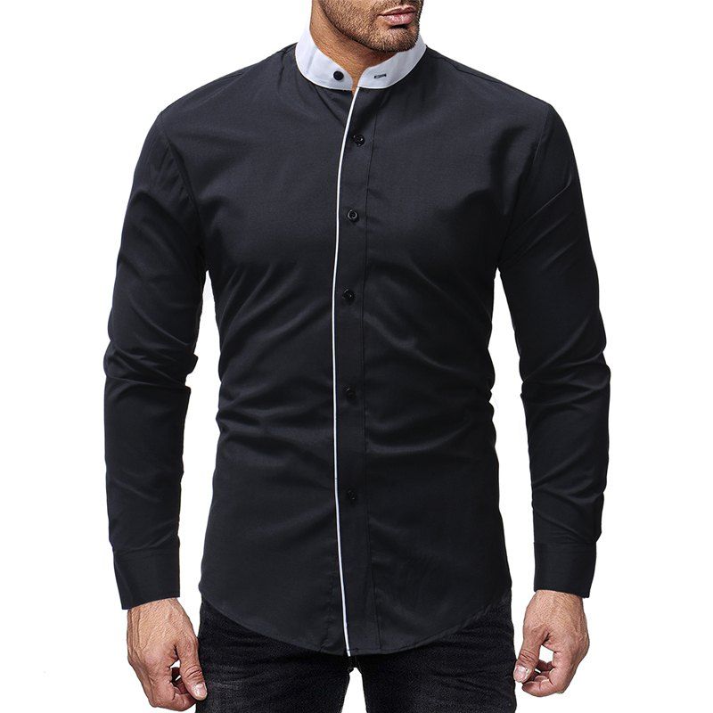 

Fashion Contrast Stand Collar Men's Casual Slim Long Sleeve Plain Shirt, Black