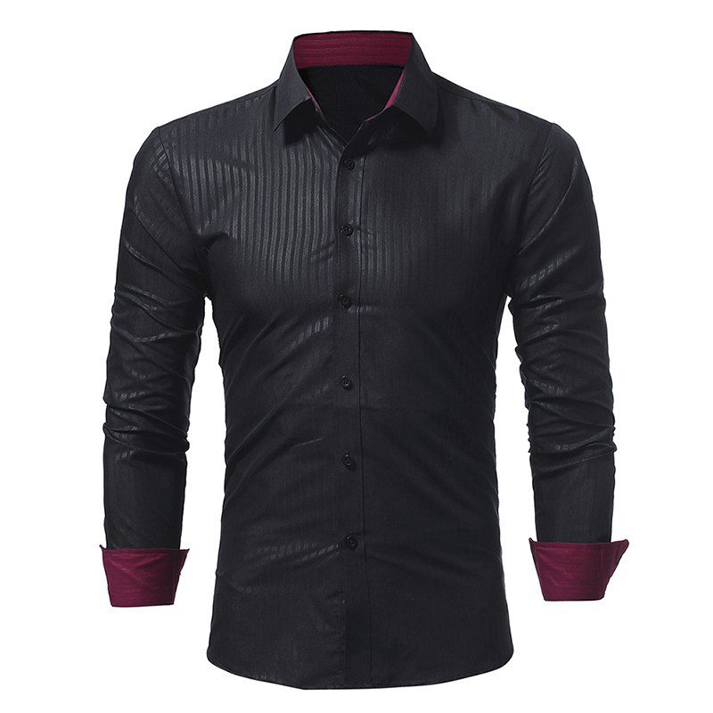 

Fashion Dark Striped Embossed Men's Casual Slim Long Sleeve Shirt, Black