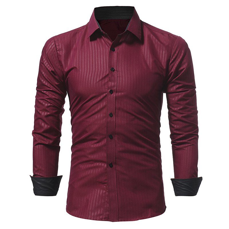 

Fashion Dark Striped Embossed Men's Casual Slim Long Sleeve Shirt, Red wine