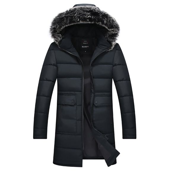 Manteau en coton avec poche zippée et capuche bordée de fourrure - Noir L