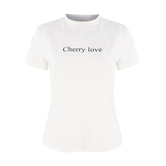HAODUOYI Tee shirt Imprimé Cerise Brodée Cerise Blanc Lettre de Vent Blanc - Blanc L