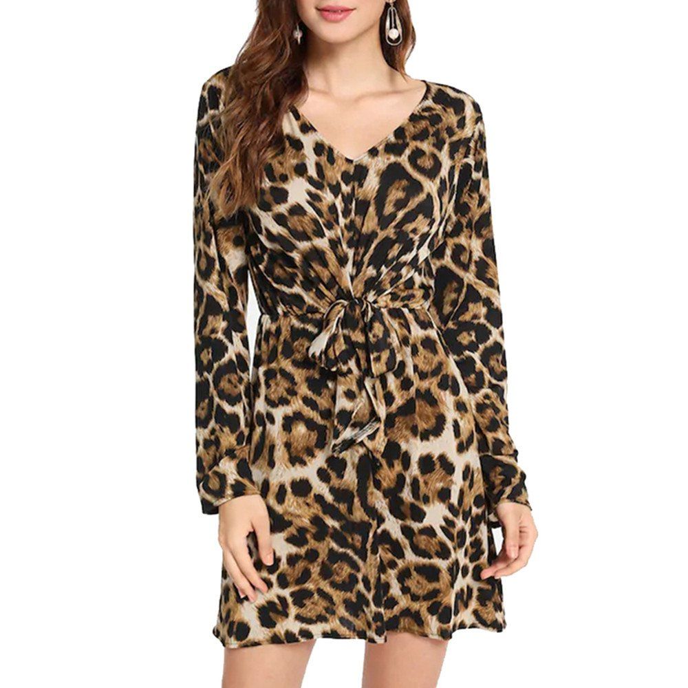 

Leopard Print Deep V - Collar Knot Back Long Sleeve Dress, Camel brown