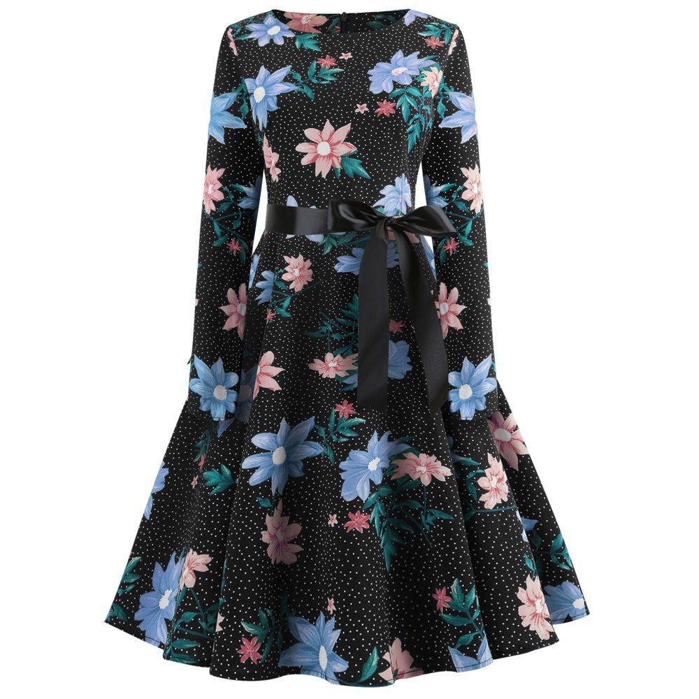 

Long-Sleeved Printed Large Swing Dress, Black