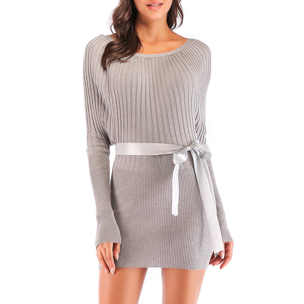 

Ladies Fashion Thin Pack Hip Bat Sleeve Knit Sweater Dress, Gray cloud