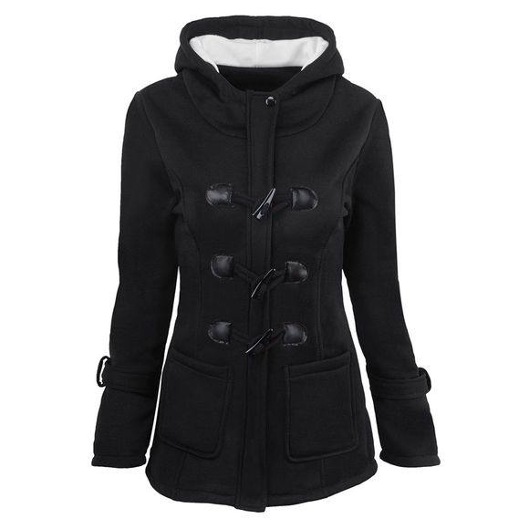 Manteau d'hiver en cuir de corne à manches longues en coton et coton à capuche pour femmes - Noir L