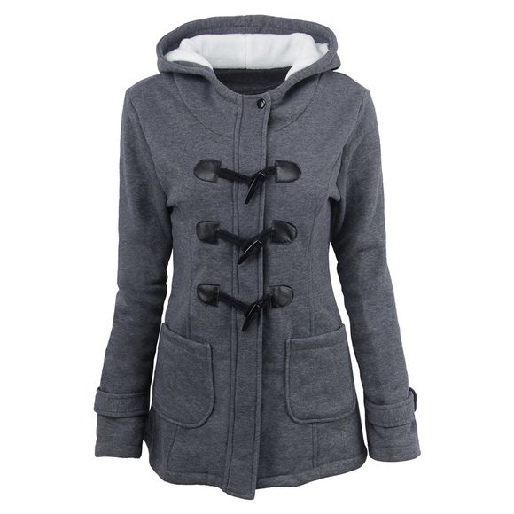 Manteau d'hiver en cuir de corne à manches longues en coton et coton à capuche pour femmes - Gris 6XL