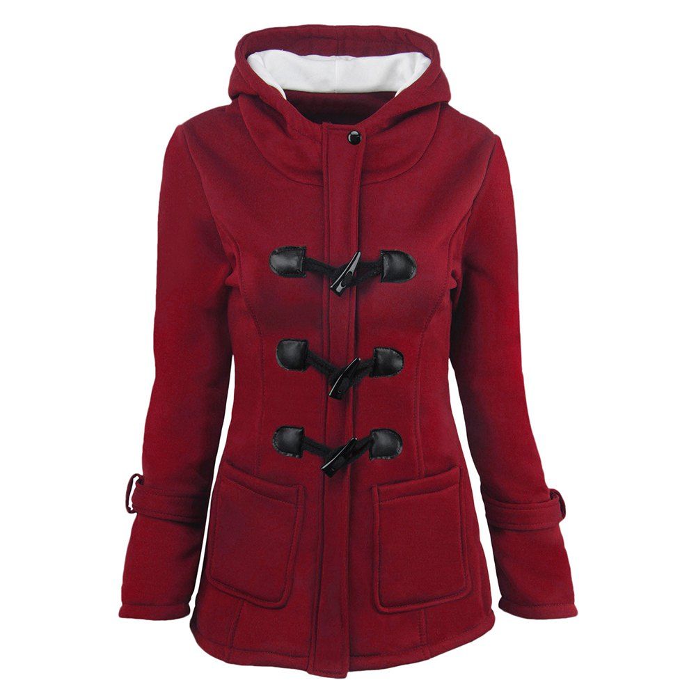 

Women'S Cotton Long-Sleeved Hooded Wool-Blend Horn Leather Winter Coat, Red