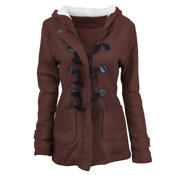Manteau d'hiver en cuir de corne à manches longues en coton et coton à capuche pour femmes - Caramel L