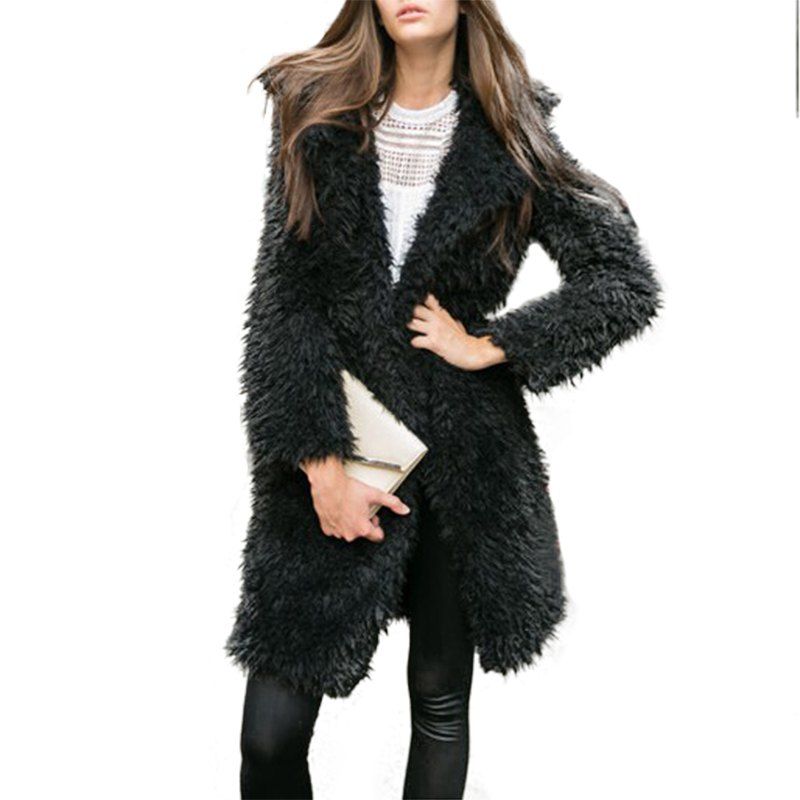 

Winter Plush Coat Female Lapel Furry Long Overcoat, Black