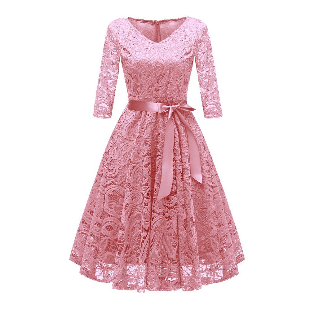 

Ladies' Autumn and Winter V-Neck Long-Sleeved Lace Temperament Slim Dress, Pink