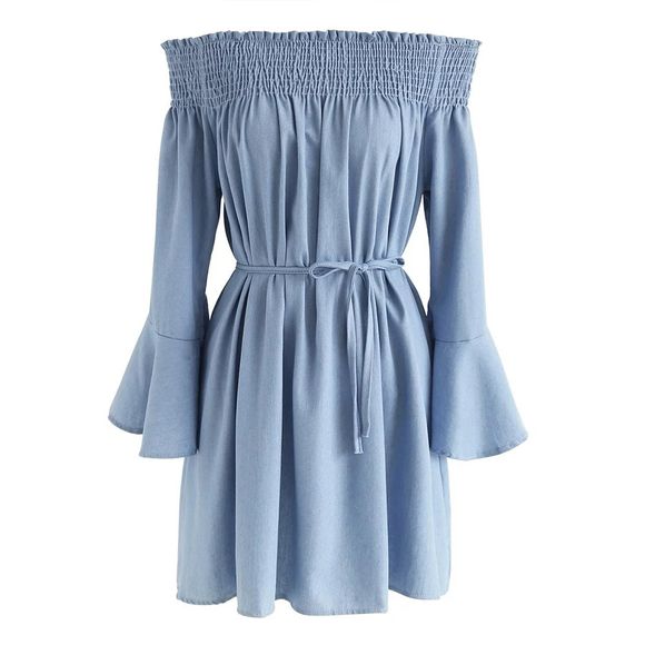 HAODUOYI Trendy Simple Femmes Cravate Robe asymétrique à la taille et à plis - Bleu - Bleu de Jean L