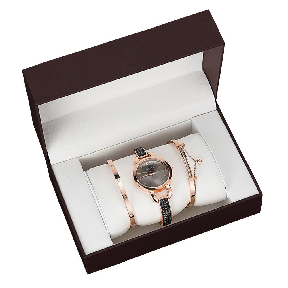 

GREALY 3PCS Ms. Bracelet Fashion Watch Stainless Steel Bracelet Gift Set, Pink
