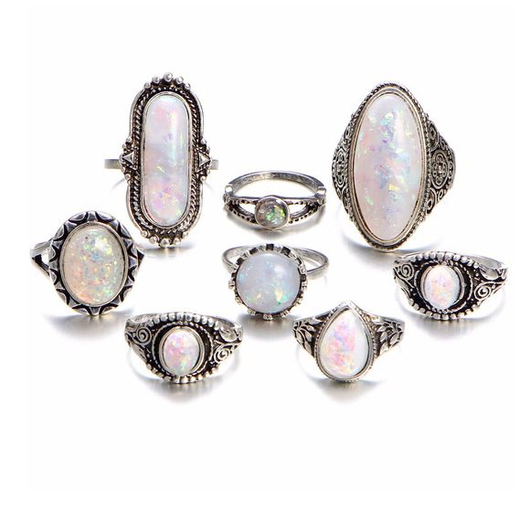 Boho Geometric Flower Design Vintage Opal Knuckle Rings Set pour les femmes - Gris argenté 8PCS