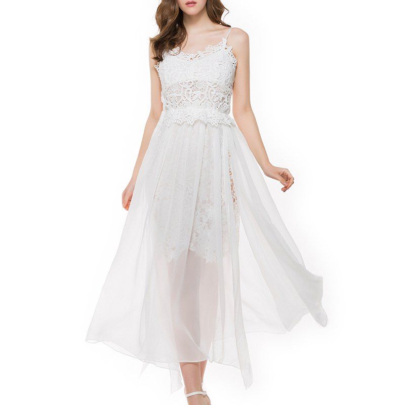 

Stitching Chiffon Split Condole Belt Dress Dress, White