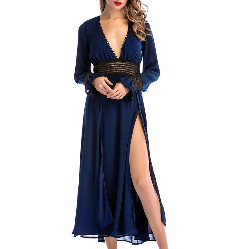 

Sexy Deep V Collar Lacing Long Sleeved Lady'S Dress, Deep blue