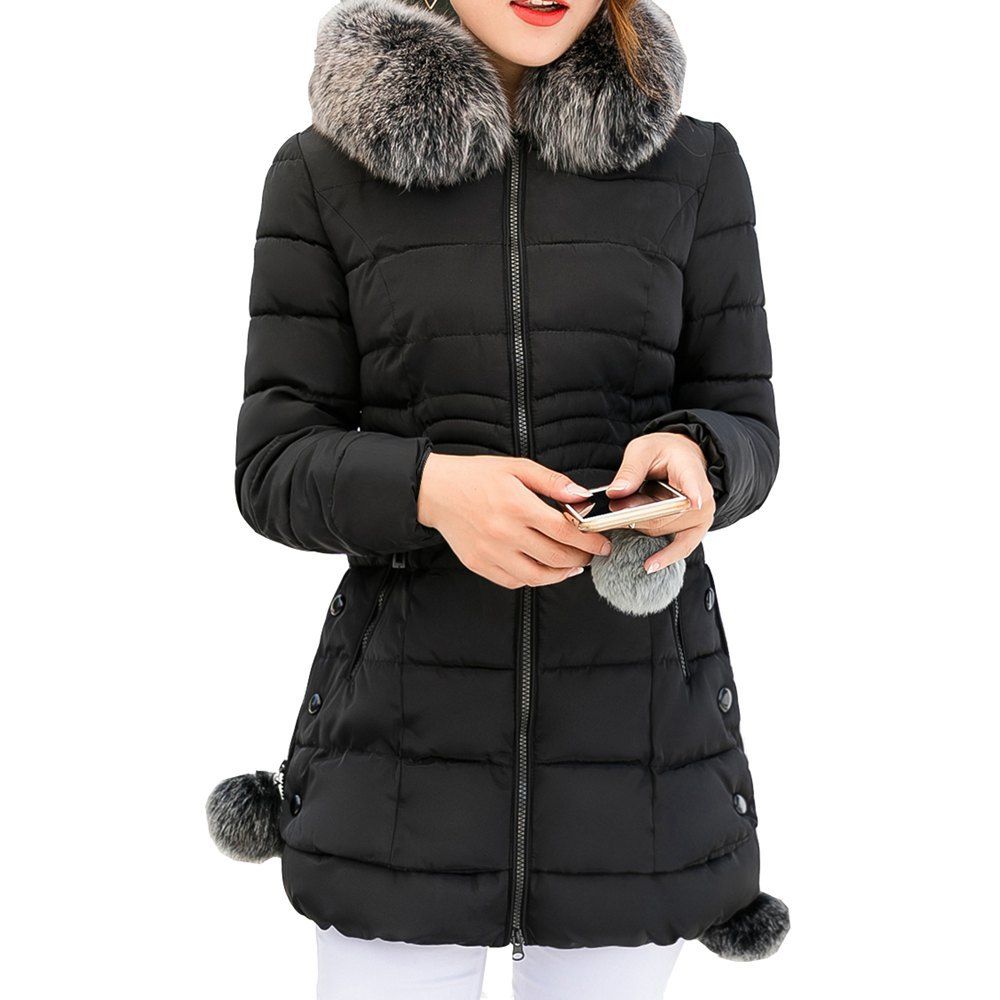 

Thickness Warm Parka Hooded Large Fur Collar Female padding coats, Black