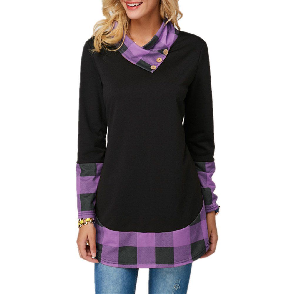 

Color Check Irregular Long Sleeve Vest, Purple