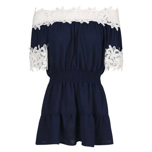 HAODUOYI Mode féminine tendance sauvage sans bretelles en dentelle couture robe bleue - Bleu profond M