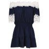 HAODUOYI Mode féminine tendance sauvage sans bretelles en dentelle couture robe bleue - Bleu profond XL
