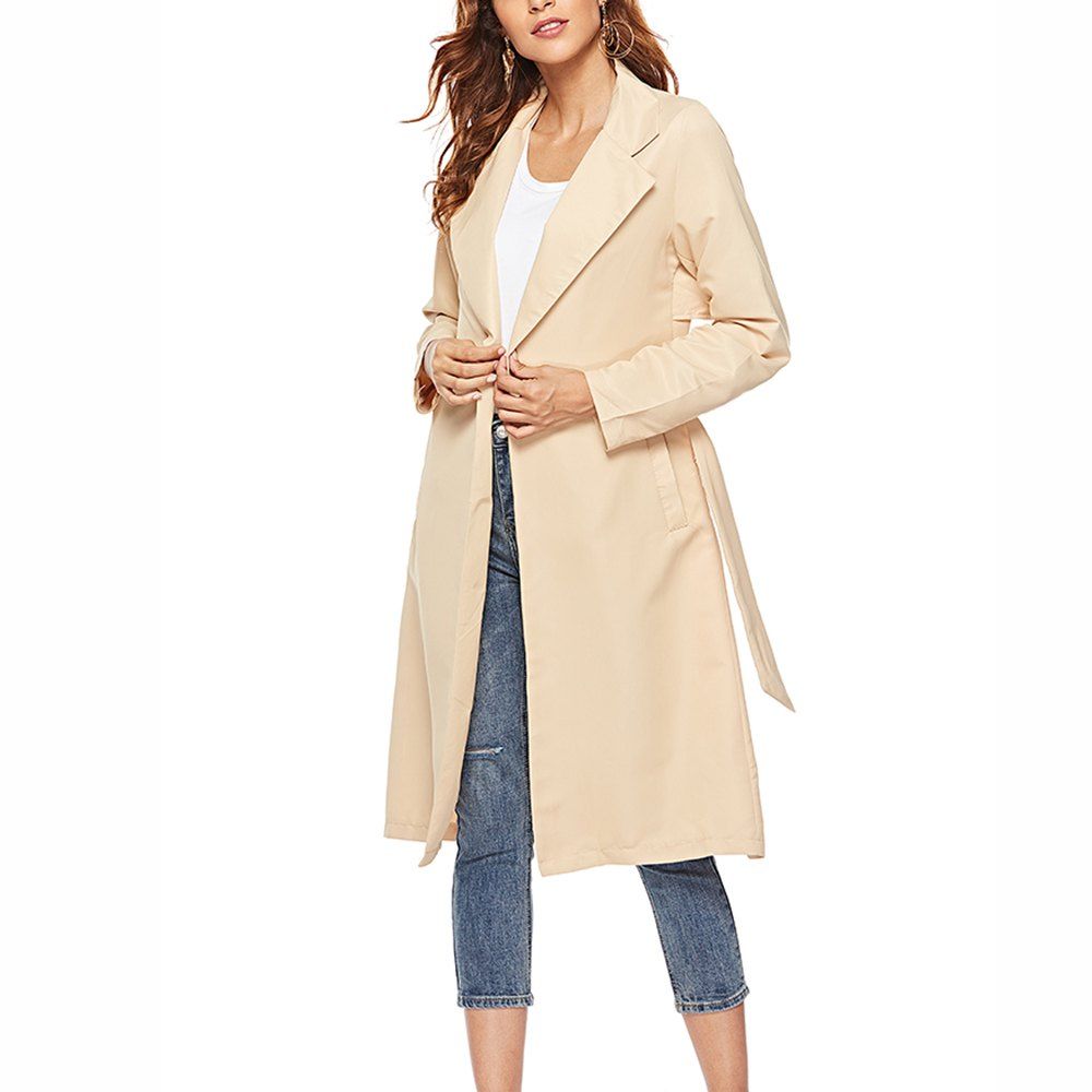 

Women' Trench Coat Solid Color Open Front Sash Casual Coat, Cornsilk