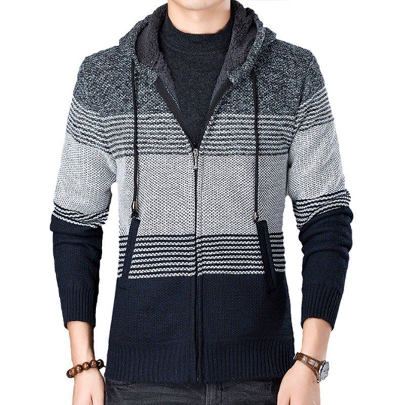 

New Fashion Men Spring Autumn Winter Strips with Cap Casual Loose Sweater, Battleship gray