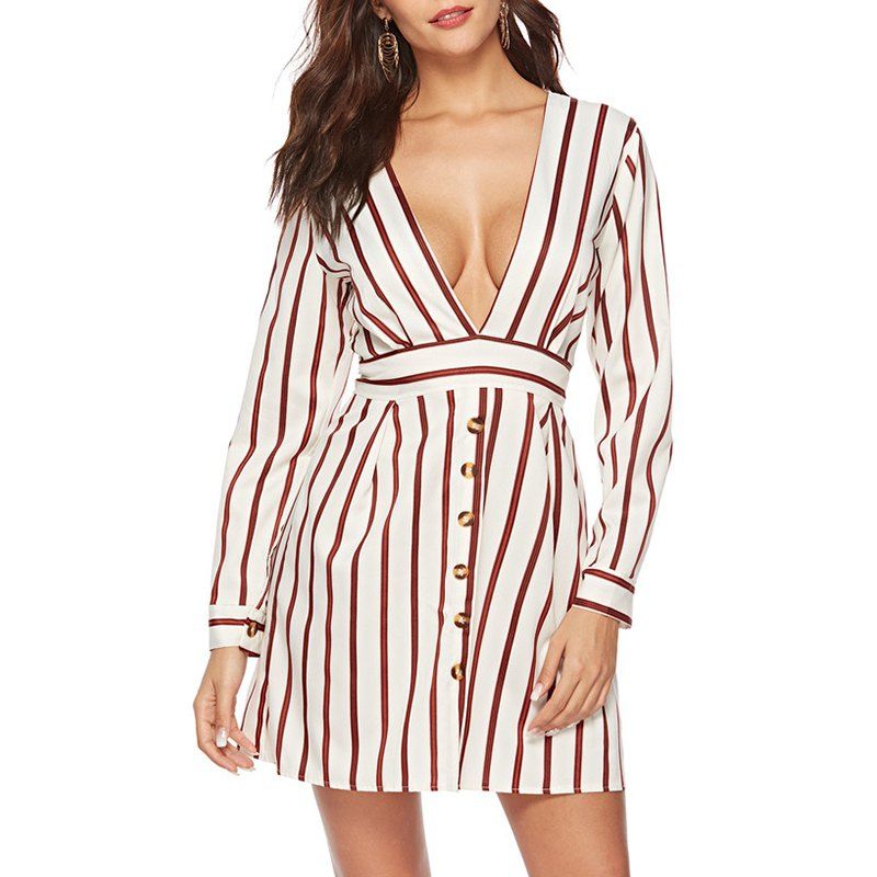 

Autumn Sexy V Collar Striped Dress, Brown