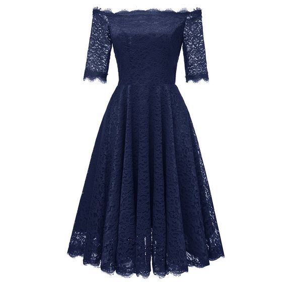 Dames tempérament mince robe en dentelle sexy une épaule de couleur unie - Bleu Lapis M
