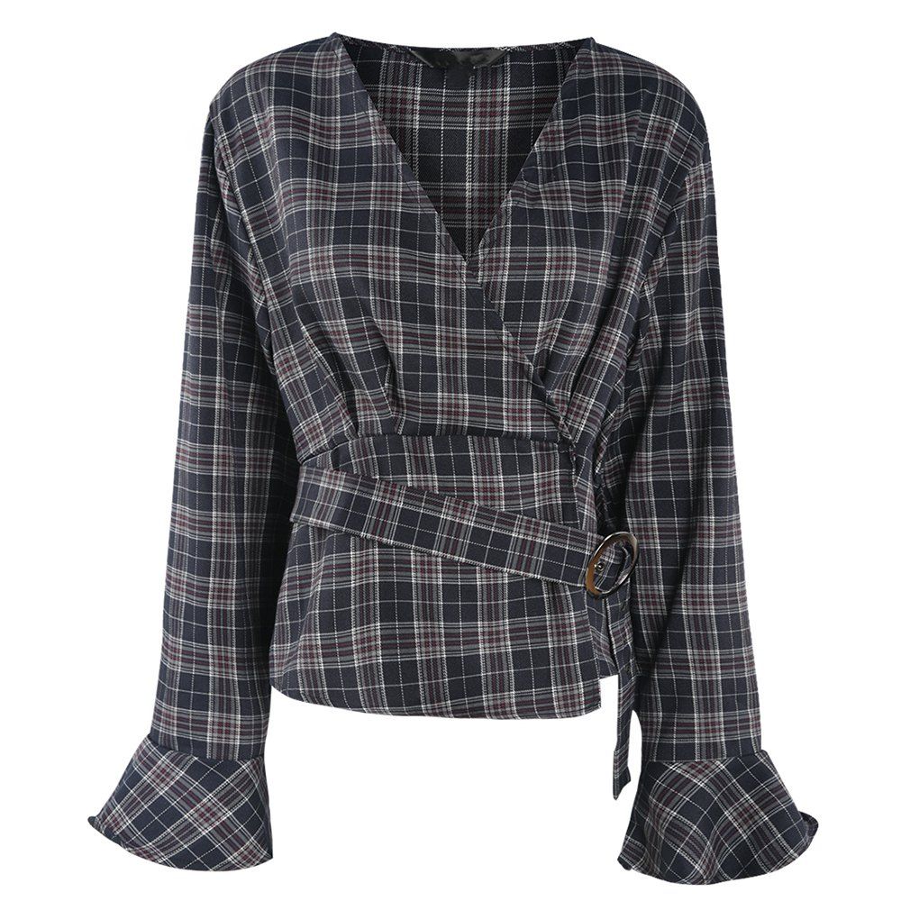 

KISSMILK Women'S Plaid V-Neck Lace Wrap Ruffled Sleeve shirt Multicolor, Multi-a