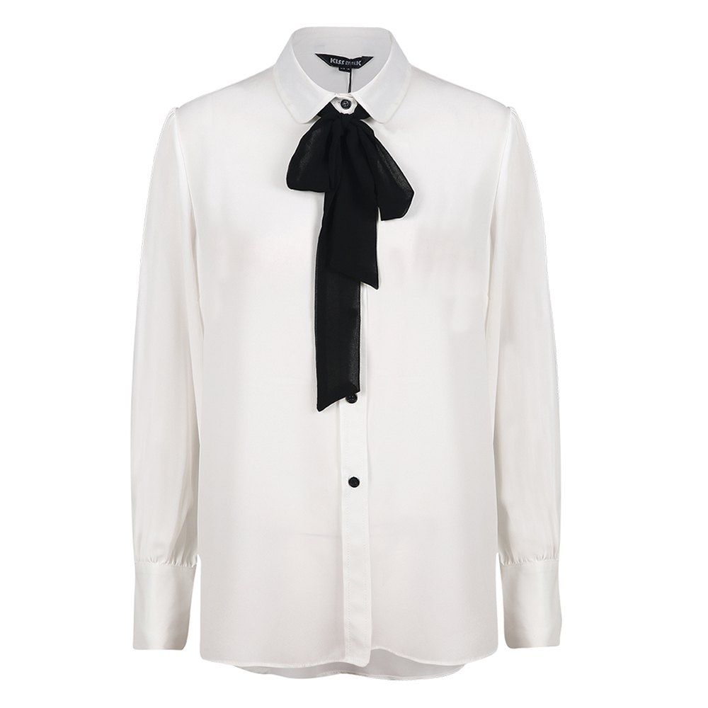 

KISSMILK Women'S Plus White Bow Neck Long Sleeve Blouse White, Natural white