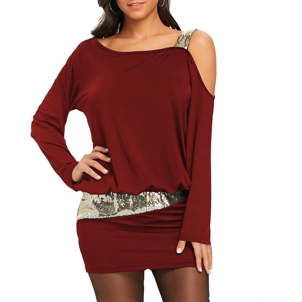

Gamiss BlackSlim Long Sleeved Sequins ShouldersSuitmini Sexy Dress, Red wine