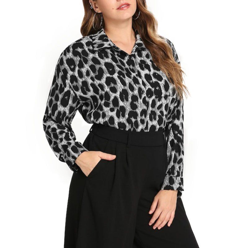

Loose Slim Leopard Print Long Sleeve Blouse, Black