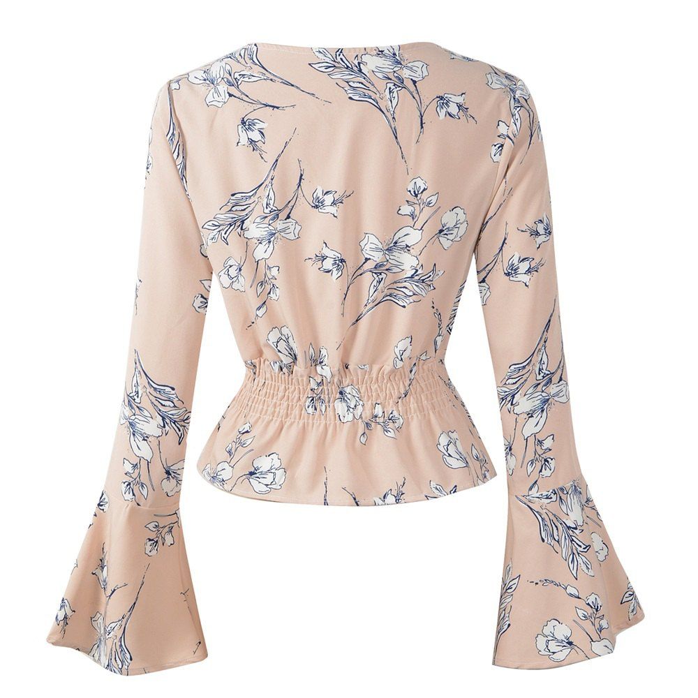 

2018 Autumn/ Winter New V-Neck Printed Long Sleeved Chiffon Blouse Almond White, Blanched almond