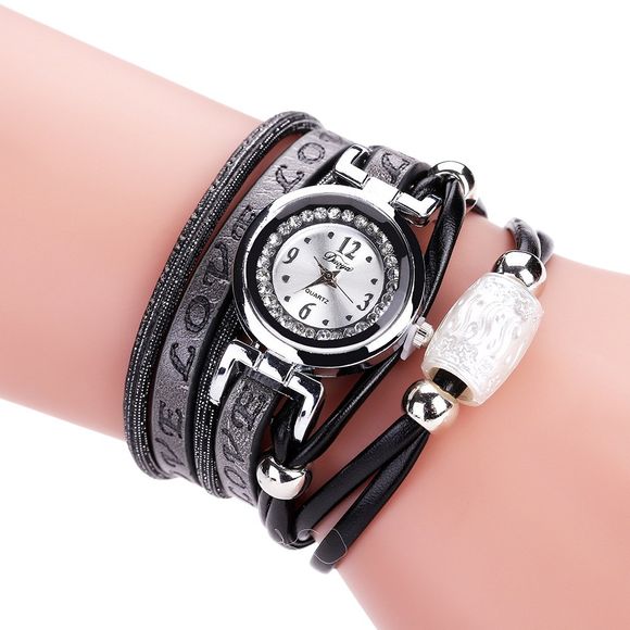 Montre de bracelet Word PU LOVE pour femme avec diamants - Noir 