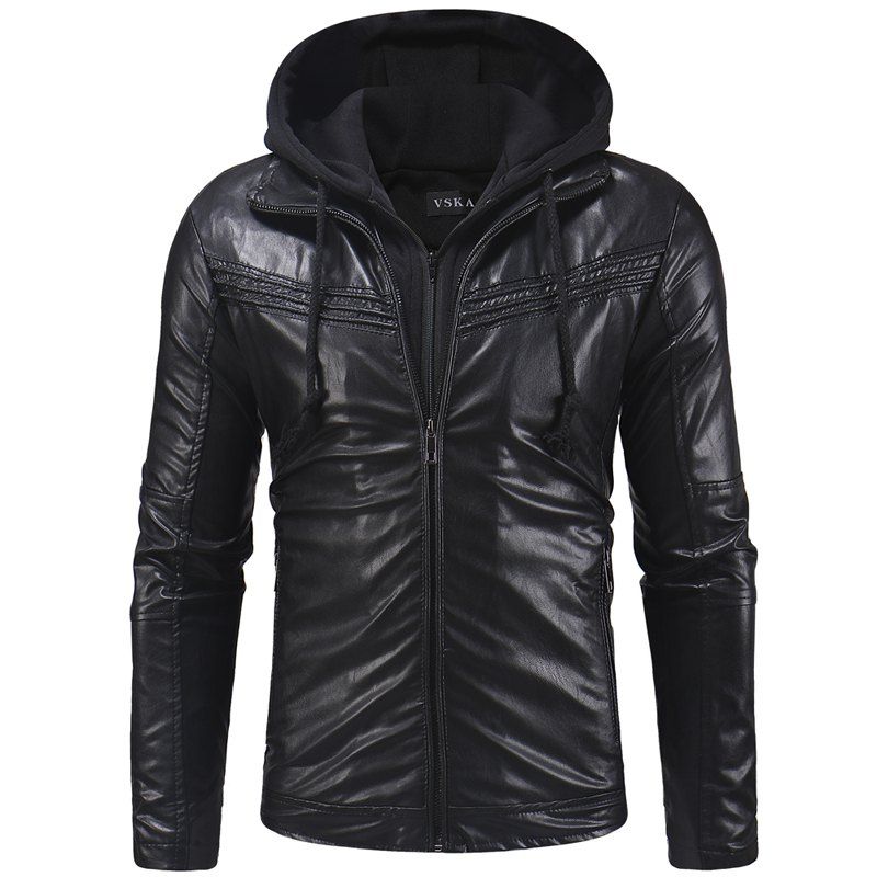 

Hooded Zipper Men Casual Leather, Black