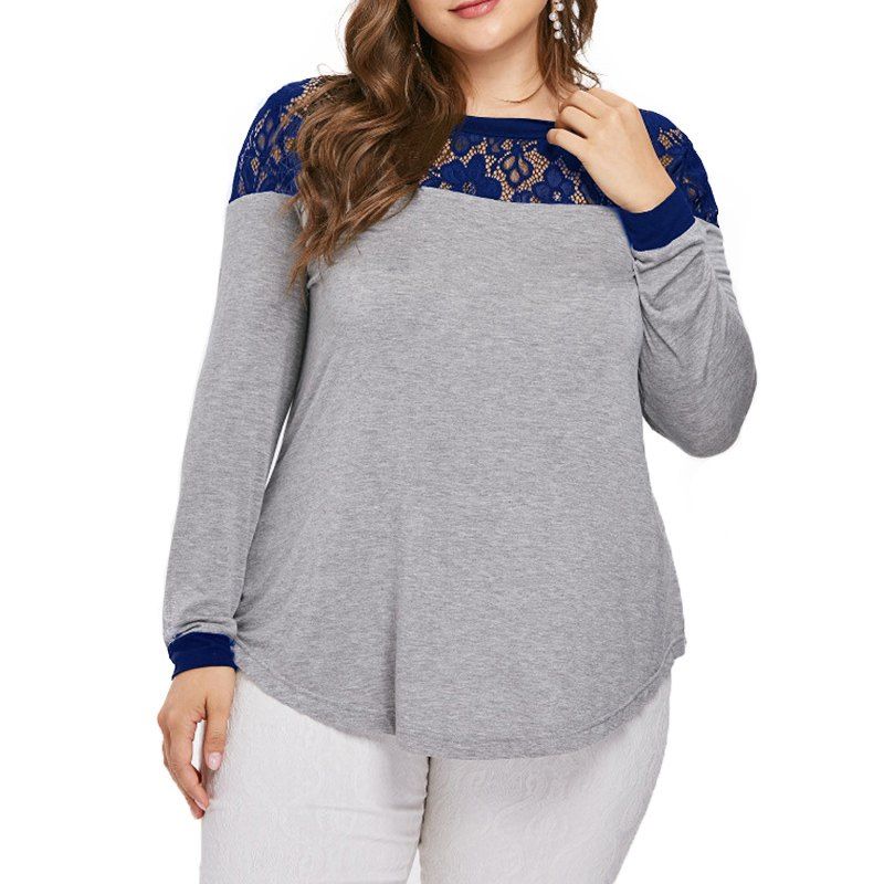 

Lace Splicing Long Sleeve T Shirt, Deep blue