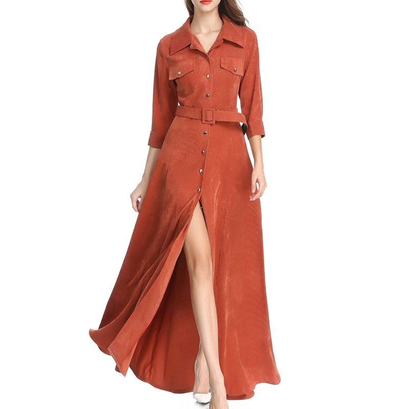 

Moshine 2018 New Dress Corduroy Simple Solid Color and Long Skirt, Coffee