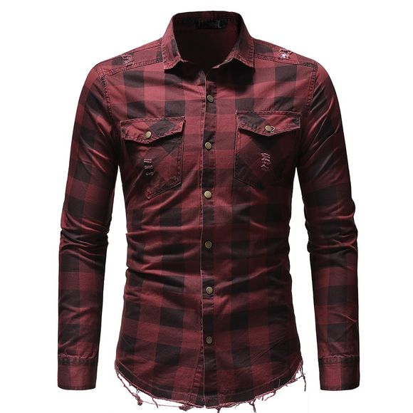 Burr Hem Plaid Jeans Chemise de décoration de poche pour hommes - Rouge Vineux XL