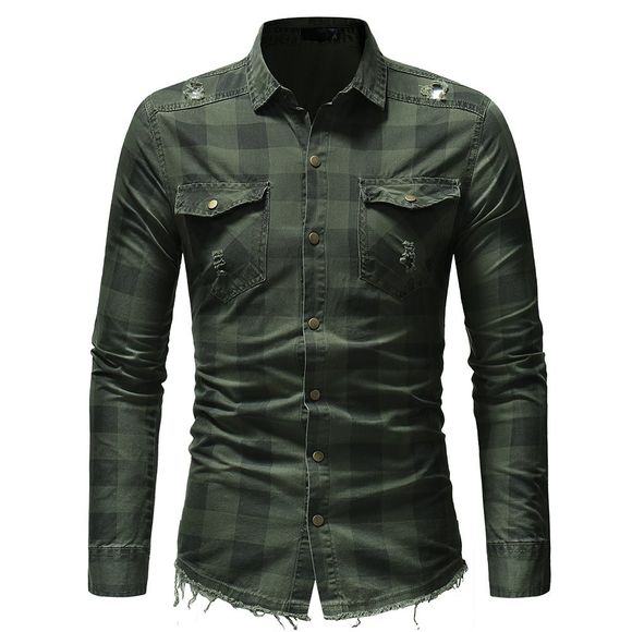Burr Hem Plaid Jeans Chemise de décoration de poche pour hommes - Vert Armée XL