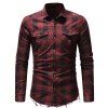 Burr Hem Plaid Jeans Chemise de décoration de poche pour hommes - Rouge Vineux 2XL