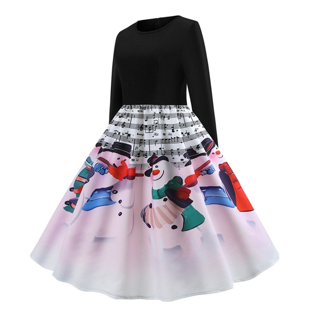 

Hepburn Print Stitching Long-Sleeve Swing Dress, Black