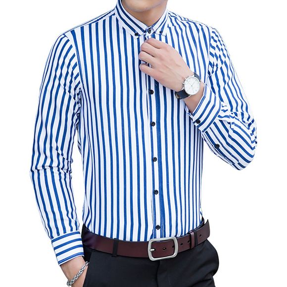 Chemise à manches longues à rayures pour hommes - Bleu 4XL