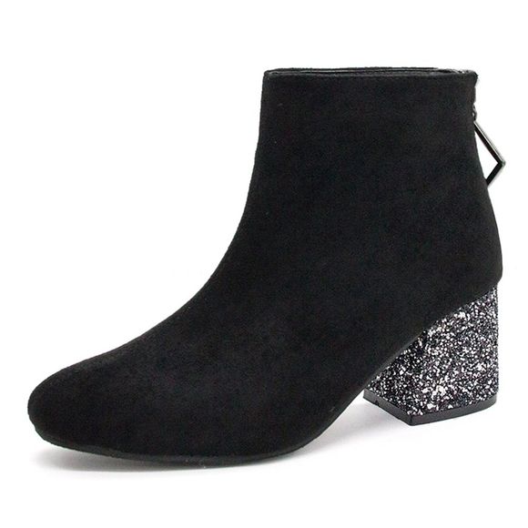 Fashion Square Sequins Thick High Heels Short Boots - Noir EU 38