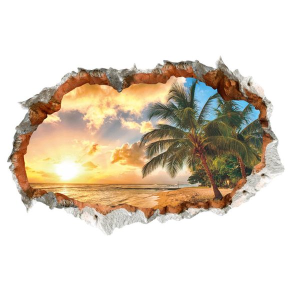 Mur cassé 3D Coucher de soleil Paysage Paysage marin Île Arbres de coco Parure de ménage - multicolor A 24 X 36 INCH