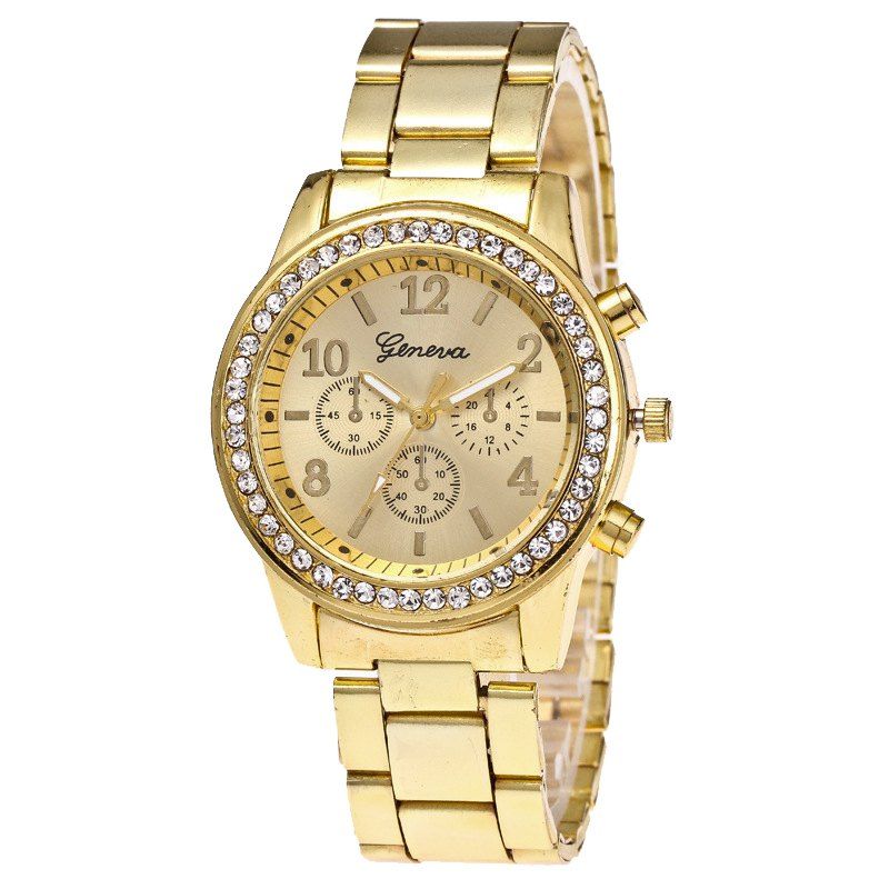 Women Luxury Crystals Quartz Plated Classic Faux Chronograph Watch - GOLD 