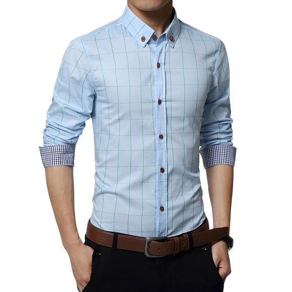 Chemise à manches longues large à carreaux pour hommes, couleur unie - Bleu Ciel 4XL