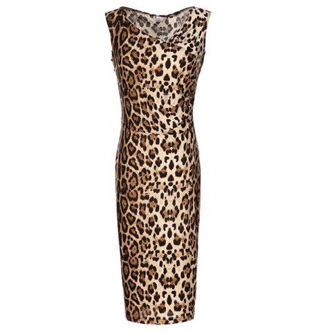 2019 V Collar Sleeveless Leopard Print Pencil Dress In OAK BROWN 5XL ...