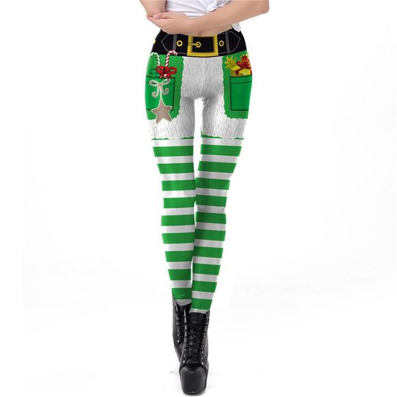 Legging de sport à rayures avec motif de Noël pour femmes - Vert Oignon S