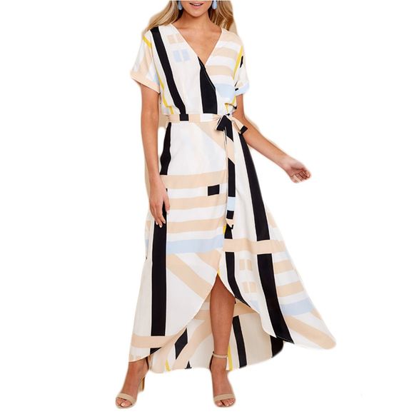 Robe longue à manches courtes à col en V géométrique élégant et élégant avec blocs de couleurs - Jaune XL